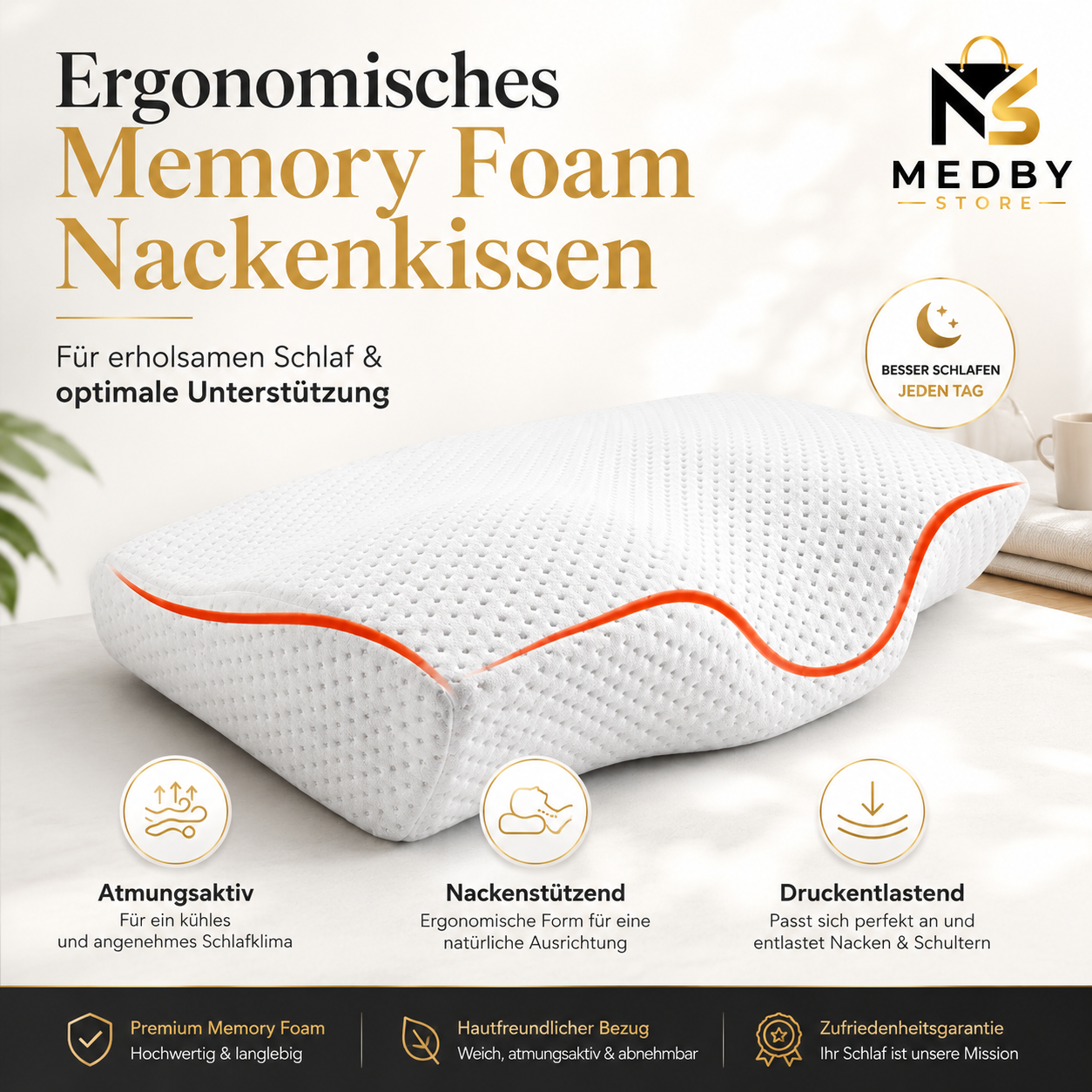 MEDBY Ergonomic Memory Foam Neck Pillow – Breathable & Neck-Supporting
