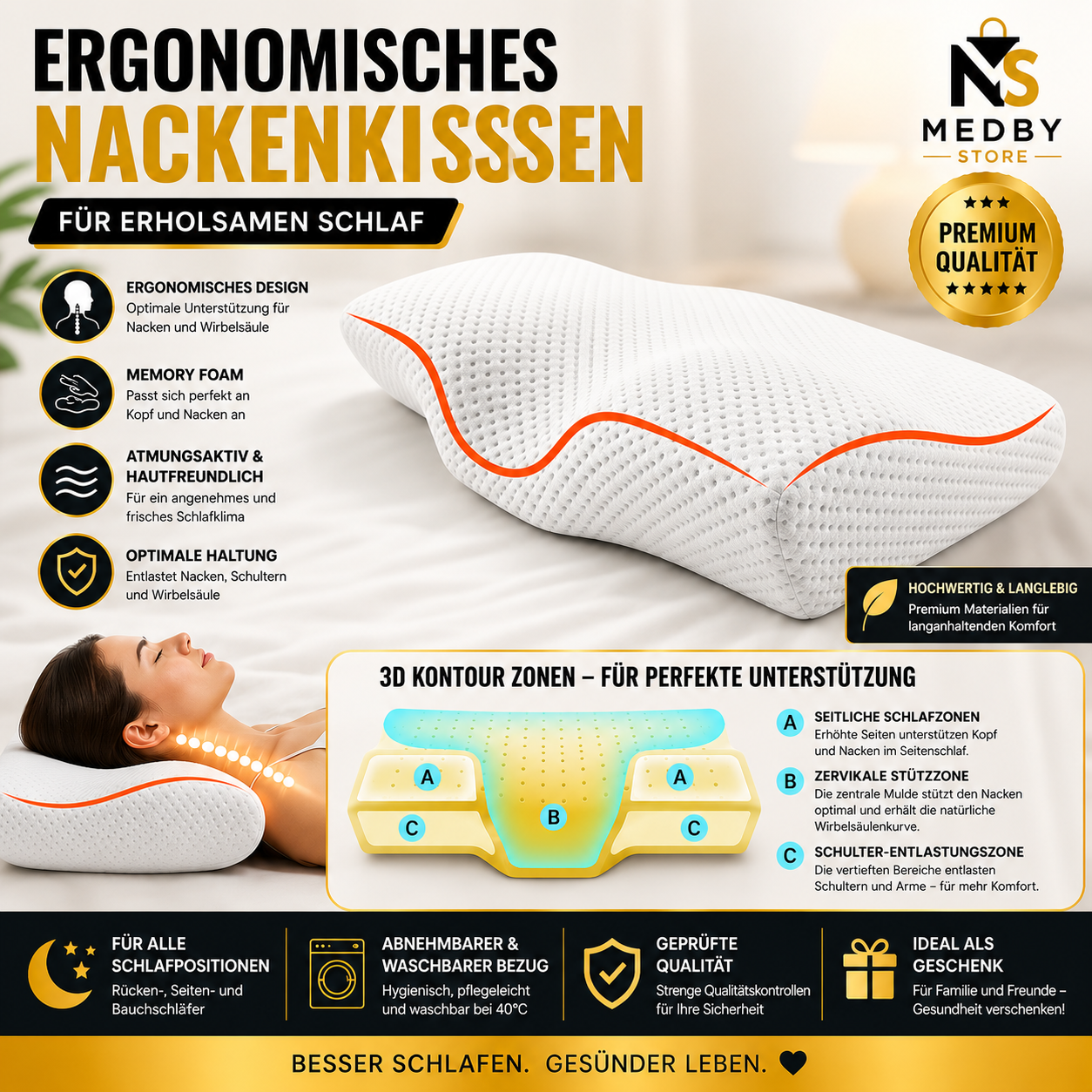 MEDBY Ergonomic Memory Foam Neck Pillow – Breathable & Neck-Supporting